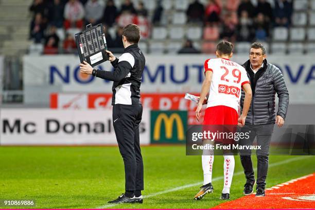 Yanis Djamil Barka of Nancy and Patrick Gabriel coach of Nancy during the Ligue 2 match between Nancy and Brest on January 26, 2018 in Nancy, France.