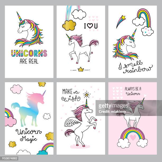 set of cute unicorn quotes - unicorn stock illustrations