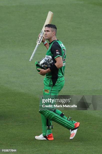 Kevin Pietersen of the Stars acknowledges the crowd following his dismissal in his last game for the Stars during the Big Bash League match between...