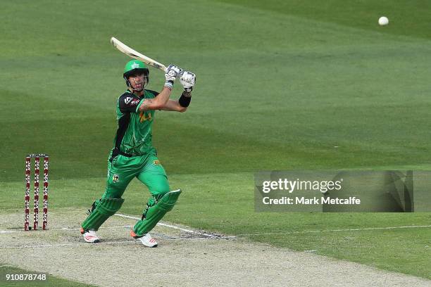 Kevin Pietersen of the Stars hits a six during the Big Bash League match between the Melbourne Stars and and the Hobart Hurricanes at Melbourne...