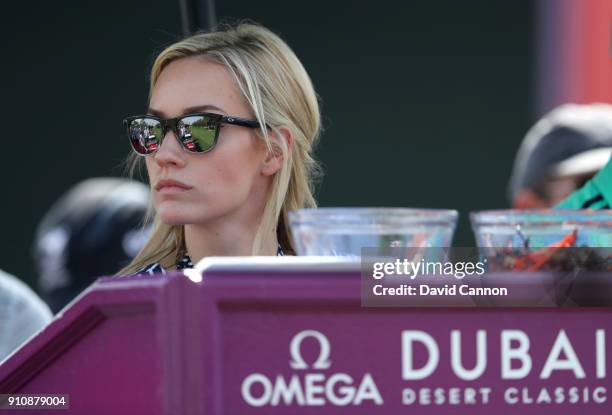 Starter Paige Spiranac looks on formthe 1st tee during day three of Omega Dubai Desert Classic at Emirates Golf Club on January 27, 2018 in Dubai,...