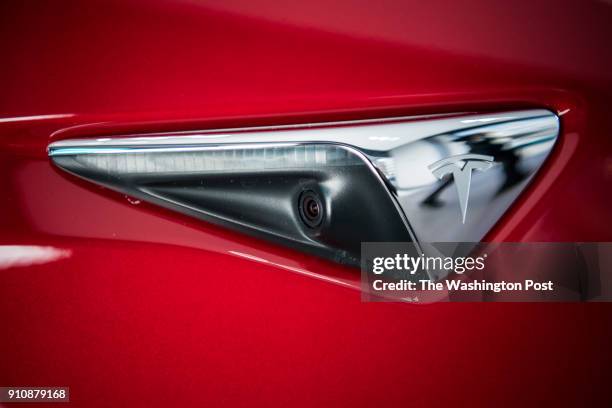 Side sensor camera on Tesla's new Model 3 car on display is seen on Friday, January 26 at the Tesla store in Washington, D.C.