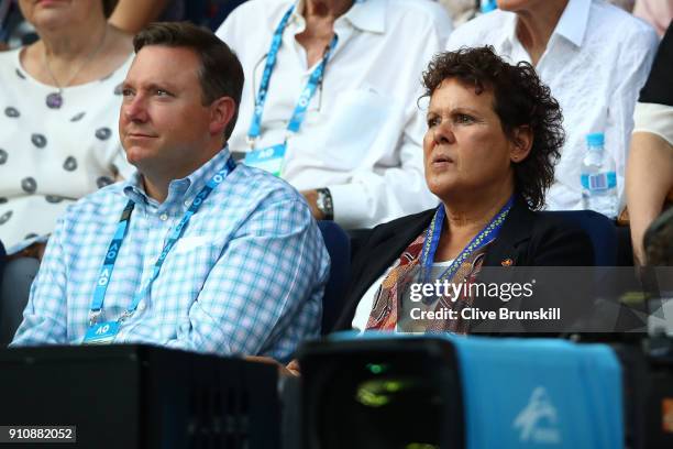 Australian tennis legend Evonne Goolagong Cawley watches the women's singles final between Caroline Wozniacki of Denmark and Simona Halep of Romania...