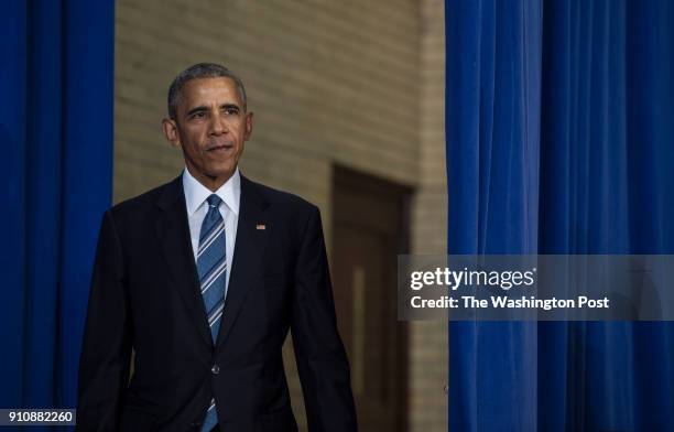 President Barack Obama arrives to give remarks at Benjamin Banneker Academic High School in Washington, D.C., on Monday, October 17, 2016.