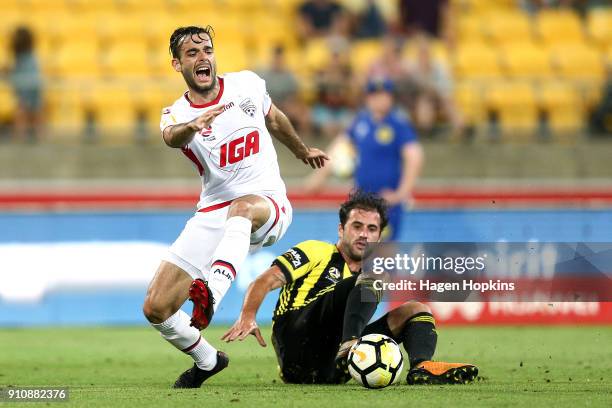 Nikola Mileusnic of Adelaide United is tackled by Tom Doyle of the Phoenix during the round 18 A-League match between the Wellington Phoenix and...