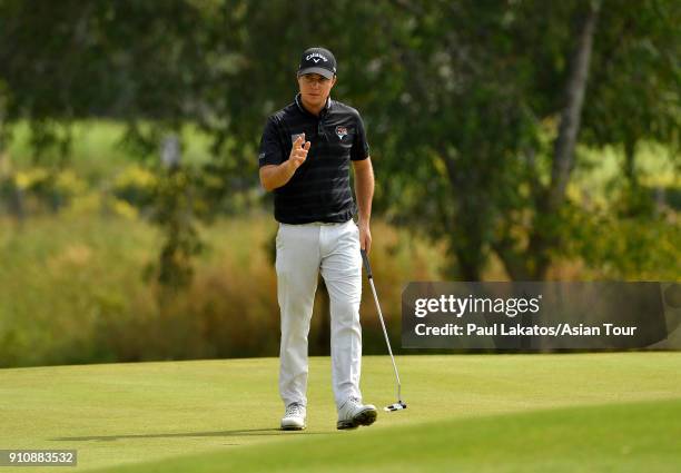 Lionel Weber of France plays a shot during round three of the Leopalace21 Myanmar Open at Pun Hlaing Golf Club on January 27, 2018 in Yangon, Myanmar.