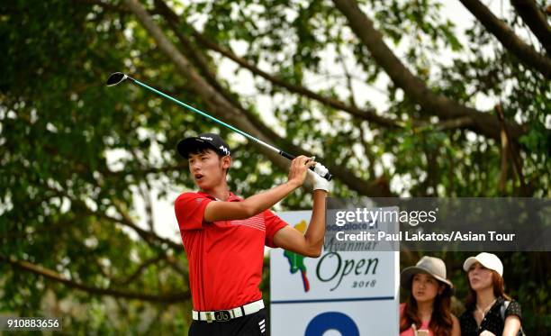 Micah Lauren Shin of the USA plays a shot during round three of the Leopalace21 Myanmar Open at Pun Hlaing Golf Club on January 27, 2018 in Yangon,...