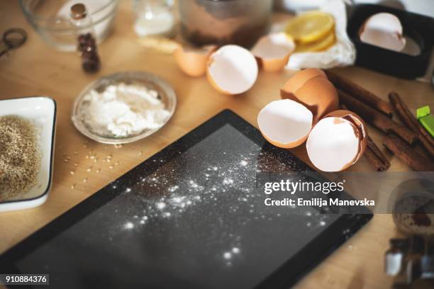 baking ingredients on messy table - messy kitchen stock pictures, royalty-free photos & images