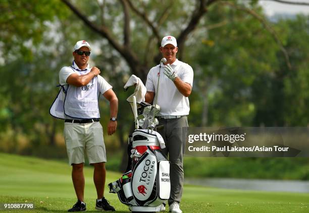 Shaun Norris of South Africa plays a shot during round three of the Leopalace21 Myanmar Open at Pun Hlaing Golf Club on January 27, 2018 in Yangon,...