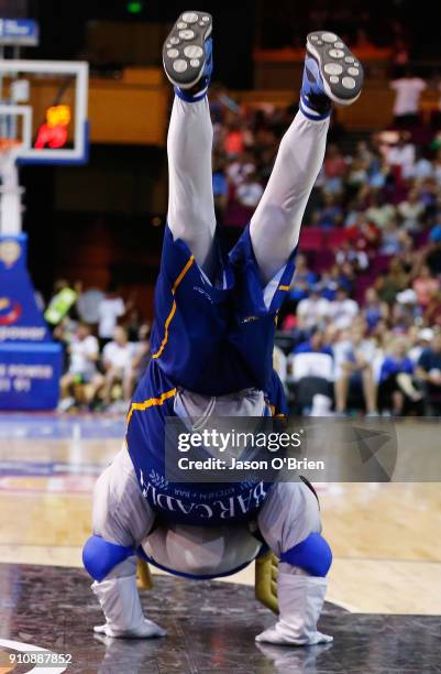 Bullets mascott Boom performs during the round 16 NBL match between the Brisbane Bullets and the Adelaide 36ers at Brisbane Convention & Exhibition...