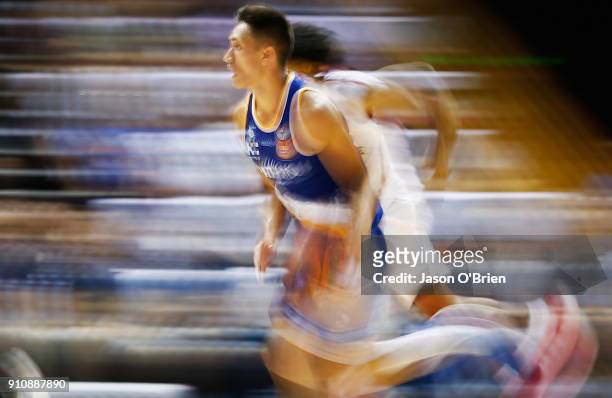 Reuben Te Rangi of the Bullets dribbles the ball during the round 16 NBL match between the Brisbane Bullets and the Adelaide 36ers at Brisbane...