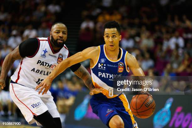 Travis Trice of the Bullets takes on the defence during the round 16 NBL match between the Brisbane Bullets and the Adelaide 36ers at Brisbane...