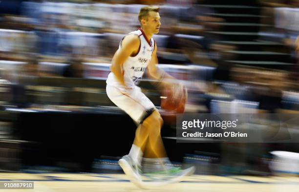 Nathan Sobey of the 36s dribbles during the round 16 NBL match between the Brisbane Bullets and the Adelaide 36ers at Brisbane Convention &...
