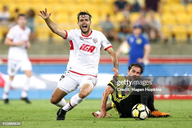 Nikola Mileusnic of Adelaide United is tackled by Tom Doyle of the Phoenix during the round 18 A-League match between the Wellington Phoenix and...