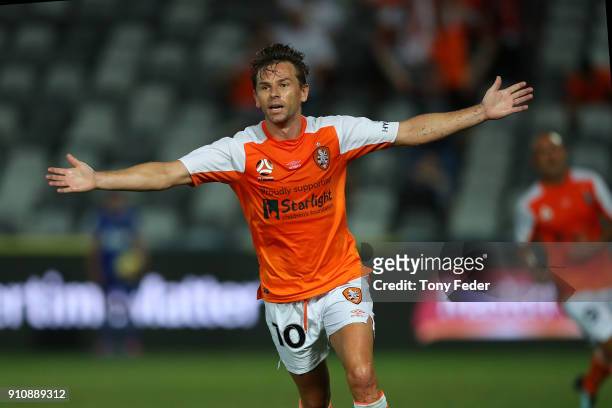 Brett Holman of the Roar celebrates a goal during the round 18 A-League match between the Central Coast Mariners and the Brisbane Roar at Central...