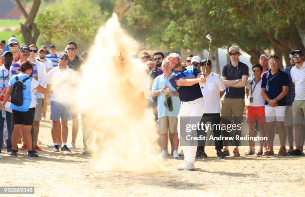 Jamie Donaldson of Wales plays his second shot on the 2nd hole during day three of Omega Dubai Desert Classic at Emirates Golf Club on January 27,...