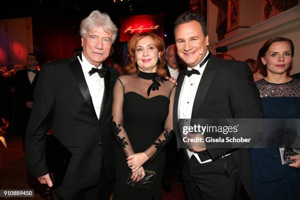 Juergen Prochnow and his wife Verena Prochnow Wengler and Fashion designer Guido Maria Kretschmer during the Semper Opera Ball 2018 at Semperoper on...