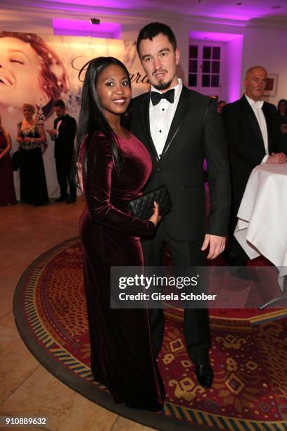 Dancer Motsi Mabuse and her husband Evgenij Voznyuk during the Semper Opera Ball 2018 reception at Hotel Taschenbergpalais near Semperoper on January...