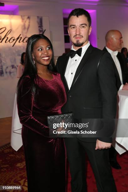 Dancer Motsi Mabuse and her husband Evgenij Voznyuk during the Semper Opera Ball 2018 reception at Hotel Taschenbergpalais near Semperoper on January...