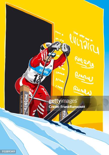 weibliche skifahrer beginnen - ski race stock-grafiken, -clipart, -cartoons und -symbole