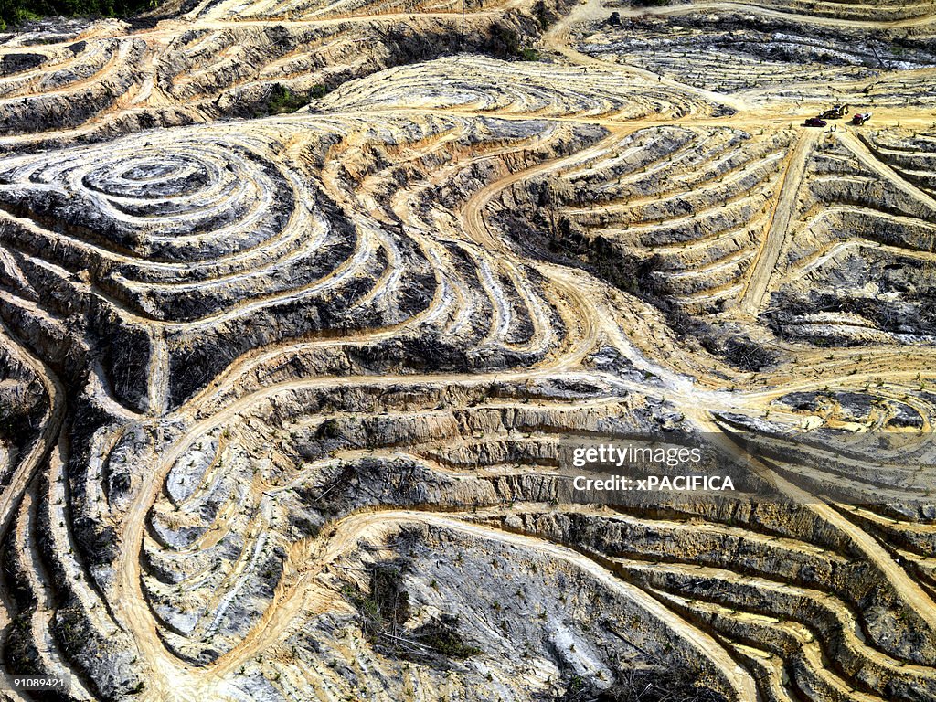 An aerial view of strip mining