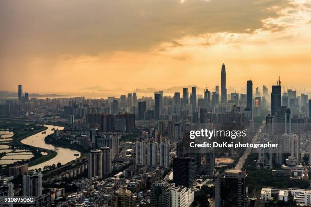 elevated view of shenzhen skyline - strength tester stock pictures, royalty-free photos & images