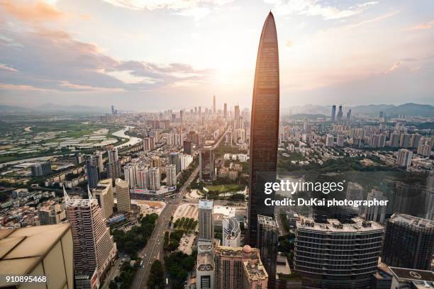 elevated view of shenzhen skyline - strength tester stock pictures, royalty-free photos & images