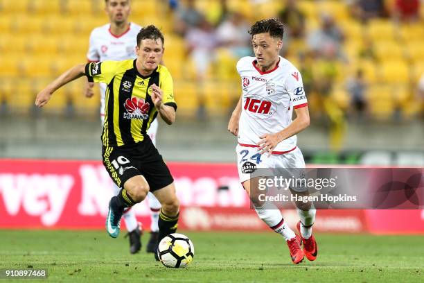 Jordan O'Doherty of Adelaide United is challenged by Michael McGlinchey of the Phoenix during the round 18 A-League match between the Wellington...