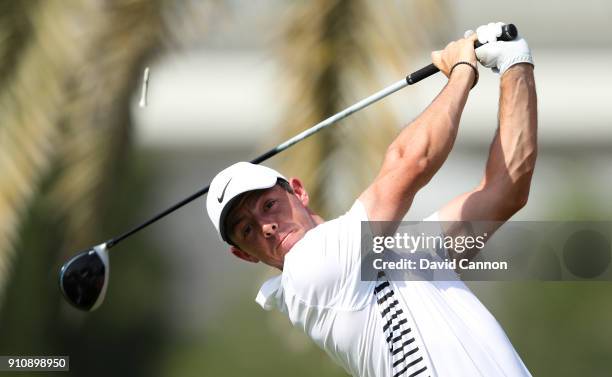 Rory McIlroy of Northern Ireland tees off on the 3rd hole during day three of Omega Dubai Desert Classic at Emirates Golf Club on January 27, 2018 in...