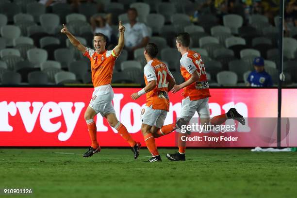 Matthew McKay of the Roar celebrates a goal during the round 18 A-League match between the Central Coast Mariners and the Brisbane Roar at Central...
