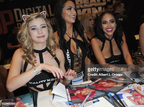 Carlonia Sweets, Sofi Ryan and Victoria June attend the 2018 AVN Adult Entertainment Expo at the Hard Rock Hotel & Casino on January 26, 2018 in Las...