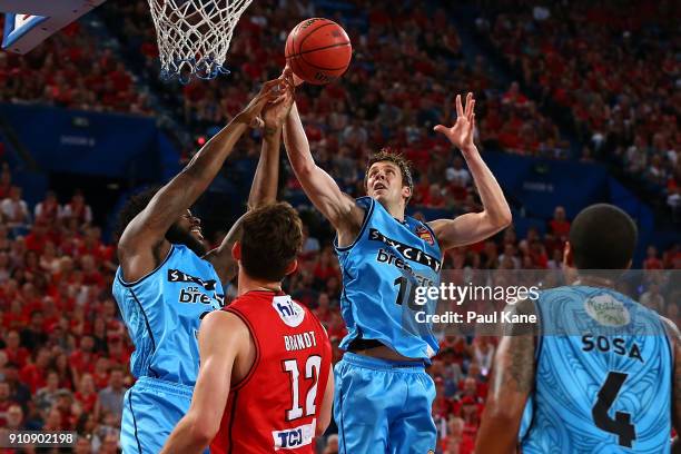 Thomas Abercrombie of the Breakers rebounds during the round 16 NBL match between the Perth Wildcats and the New Zealand Breakers at Perth Arena on...