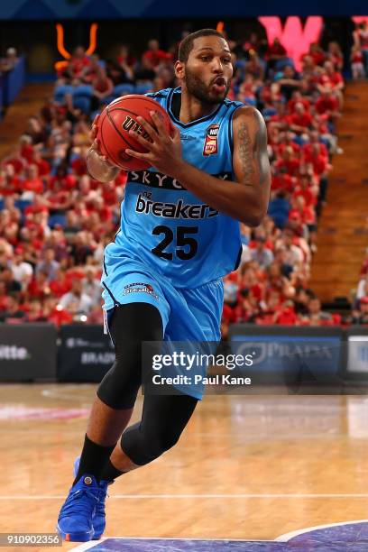 Newbill of the Breakers drives to the basketduring the round 16 NBL match between the Perth Wildcats and the New Zealand Breakers at Perth Arena on...