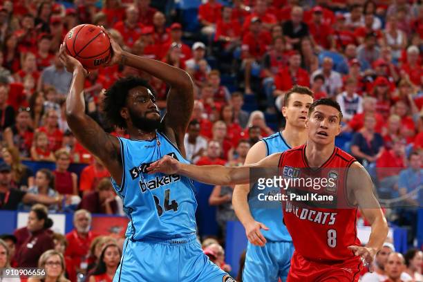 Rakeem Christmas of the Breakers looks for a pass during the round 16 NBL match between the Perth Wildcats and the New Zealand Breakers at Perth...