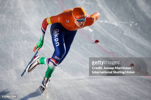 Jutta Leerdam of Netherlands competes in the Ladies 1000m during the ISU Junior World Cup Speed Skating at Olympiaworld Ice Rink on January 27, 2018...