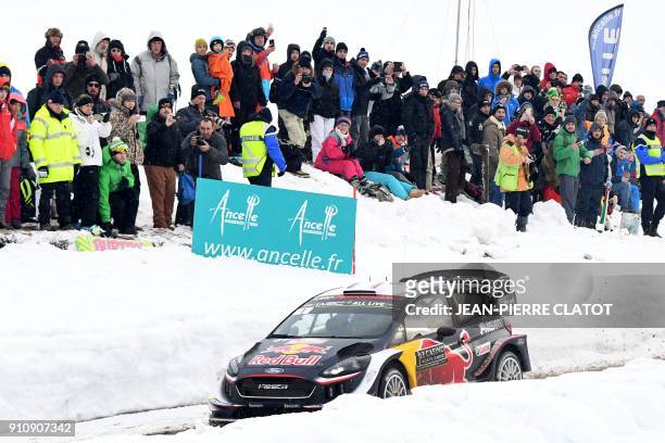 France's Sebastien Ogier steers his Ford Fiesta WRC during the ES 10 of the third stage of the 86th Monte Carlo Rally, between St Leger Les Melezes...