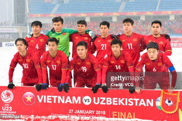 Players of Vietnam line up prior to the AFC U23 Championship China 2018 final match between Vietnam and Uzbekistan at Changzhou Olympic Sports Center...