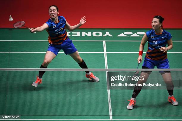 Lee So Hee and Shin Seung Chan of Korea compete against Greysia Polii and Apriyani Rahayu of Indonesia during the Women's Doubles Semi Finals match...