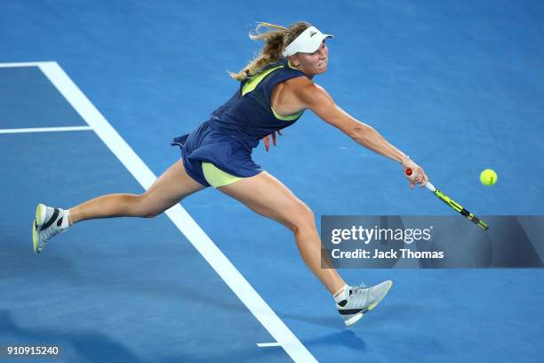 Caroline Wozniacki of Denmark plays a backhand in her women's singles final against Simona Halep of Romania on day 13 of the 2018 Australian Open at...