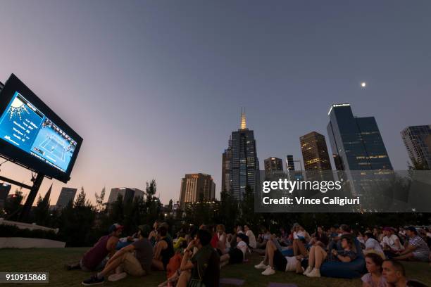 General view of crowds at AO Festival of tennis live site at Birrarung Marr watching women's singles final match between Romania's Simona Halep and...