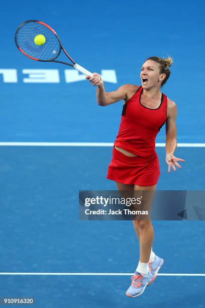 Simona Halep of Romania plays a forehand in her women's singles final against Caroline Wozniacki of Denmark on day 13 of the 2018 Australian Open at...