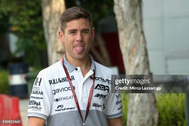 Alvaro Bautista of Spain and Angel Nieto Team smiles and jokes in paddock at Sepang Circuit on January 27, 2018 in Kuala Lumpur, Malaysia.