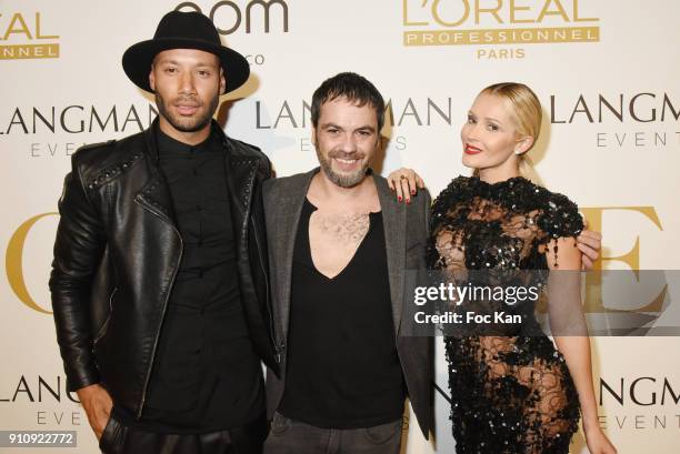 Xavier Delarue, fashion designer Jean Paul Benielli and Tatiana Laurens Delarue attend the "The Couture Ball" Le Jean Paul Benielli Show Party at Le...