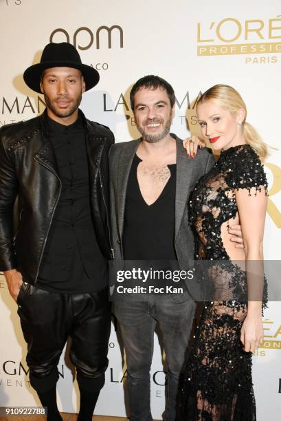 Xavier Delarue, fashion designer Jean Paul Benielli and Tatiana Laurens Delarue attend the "The Couture Ball" Le Jean Paul Benielli Show Party at Le...