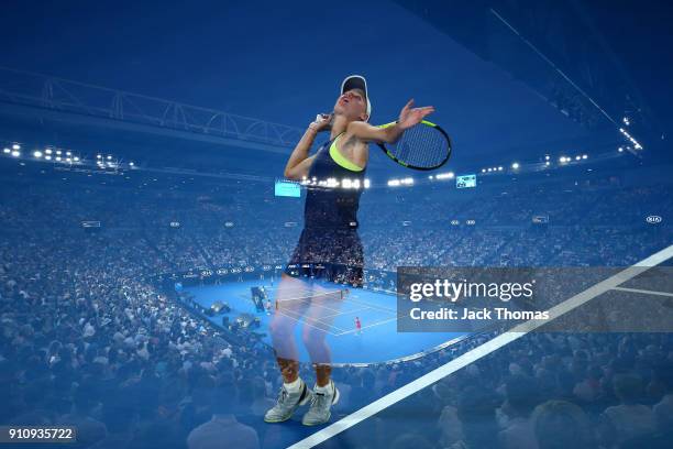 Caroline Wozniacki of Denmark serves in her women's singles final against Simona Halep of Romania on day 13 of the 2018 Australian Open at Melbourne...