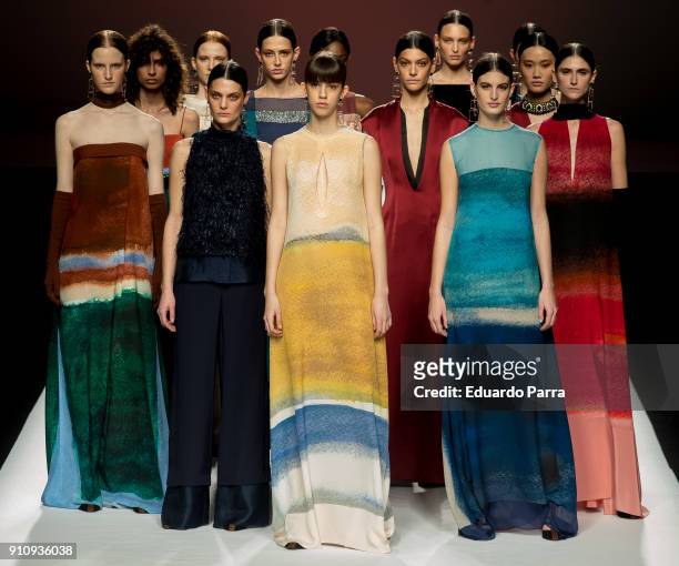 Models walk the runway at the Angel Schlesser show during the Mercedes-Benz Fashion Week Madrid Autumn/Winter 2018-19 at Ifema on January 27, 2018 in...