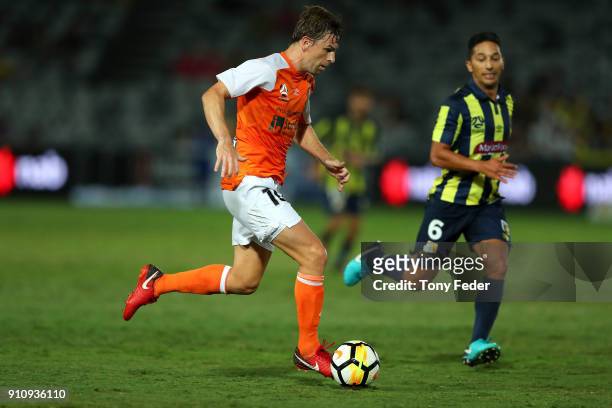 Brett Holman of the Roar in action during the round 18 A-League match between the Central Coast Mariners and the Brisbane Roar at Central Coast...