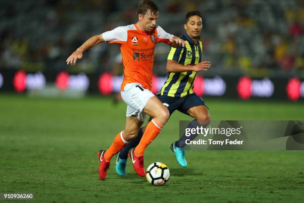 Brett Holman of the Roar in action during the round 18 A-League match between the Central Coast Mariners and the Brisbane Roar at Central Coast...