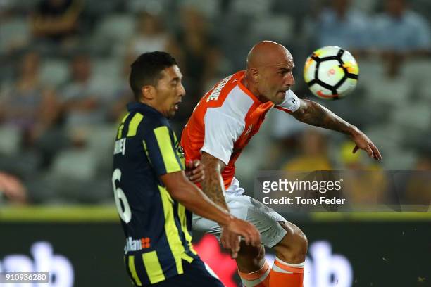 Massimo Maccarone of the Roar controls the ball during the round 18 A-League match between the Central Coast Mariners and the Brisbane Roar at...