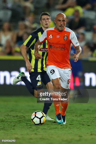 Massimo Maccarone of the Roar controls the ball during the round 18 A-League match between the Central Coast Mariners and the Brisbane Roar at...